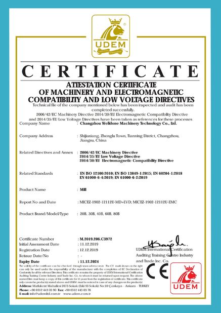 China Changzhou Welldone Machinery Technology Co.,Ltd Certification